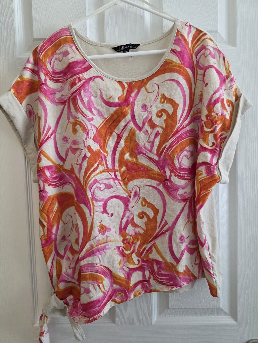 Charlie B XXL linen Front Pink Orange Tie On Side Short Sleeve